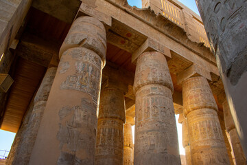 Karnak Temple in Luxor, Egypt. Hieroglyphs and Art on pillars and walls. Temples, pylons, chapels, and other buildings in Karnak Temple Complex 