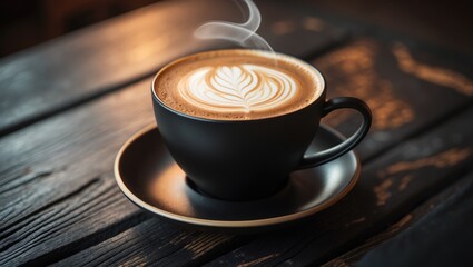 Chai Latte served in a black cup with saucer on dark wood surface. Popular tea drink. Side shot.