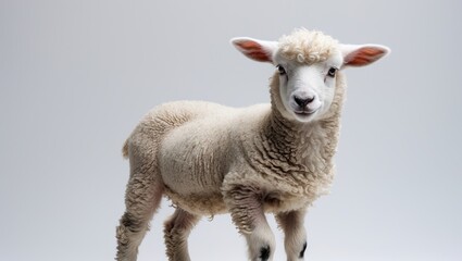 Fototapeta premium Cute isolated lamb with white wool and black nose standing on white background
