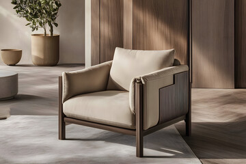 Modern beige armchair with dark wood frame, situated in a minimalist, contemporary living room setting