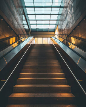 Modern wooden stairs ascending to skylight