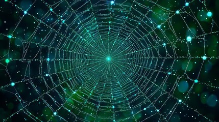 Fototapeta premium An intricate spider web beautifully illuminated against a soft green background, showcasing nature's delicate design.