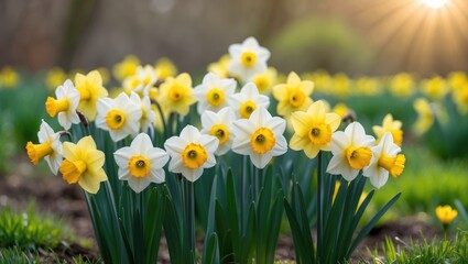 Fototapeta premium Bright yellow and white daffodil flowers arranged in a vibrant group in a green field, swaying gently in the sunlight.