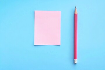 Pink sticky note and red pencil on a light blue surface
