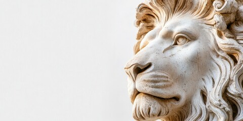 Close-up of a detailed stone lion sculpture against a plain light background.