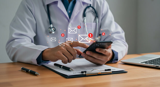 A doctor checks email on a smartphone while sitting at a desk in a medical office setting today real estate business ,technology ,selling ,purchasing ,agreement