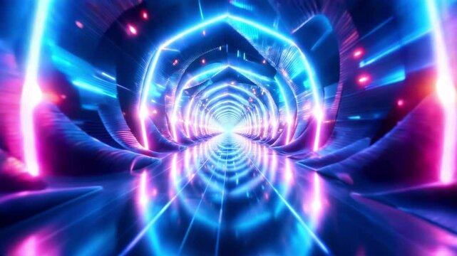 Abstract digital tunnel moving forward with dynamic light patterns and futuristic technology perspective