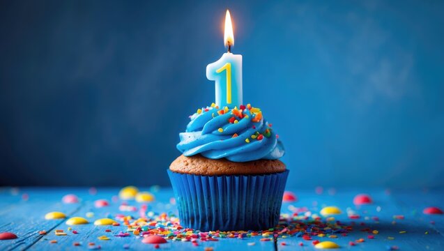 Blue cupcake with a single candle for a first birthday celebration on blue background