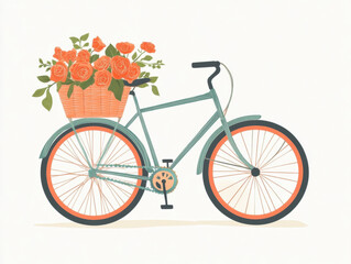 Green bicycle with orange flower basket illustration in simple flat graphic style on white background

