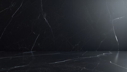 Black marble setting with coordinated black wallpaper and countertops, black tiled floors and walls, emphasizing natural stone texture