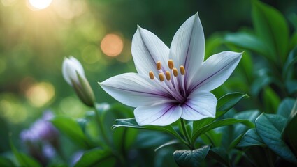 Fototapeta premium White and purple Dimorphotheca eclonis flowers set against a lush green background, ideal for desktop or laptop wallpaper