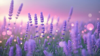 Fototapeta premium Lavender flowers bathed in sunlight outdoors with banner layout