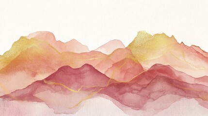 Mountain background vector. Minimal landscape art with watercolor brush and golden line art texture. Abstract art wallpaper for prints, Art Decoration, wall arts and canvas prints. illustration , no 