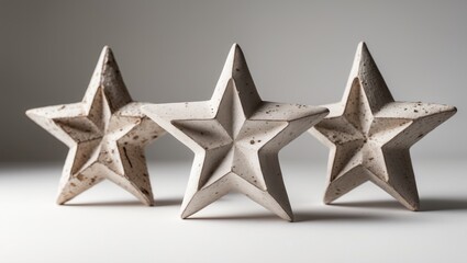 Obraz premium Three sawn-out bark stars for Christmas, isolated on a white background, with natural texture, festive decor, and Nordic minimal style