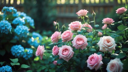 Fototapeta premium Elegant pink floral roses amidst vibrant garden scenery