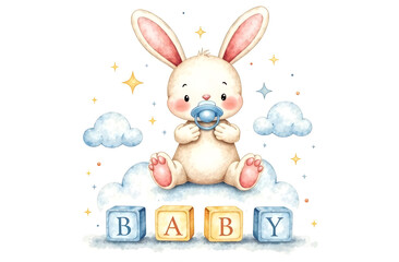 Fototapeta premium Cute baby bunny with pacifier sitting on cloud surrounded by stars and baby blocks.