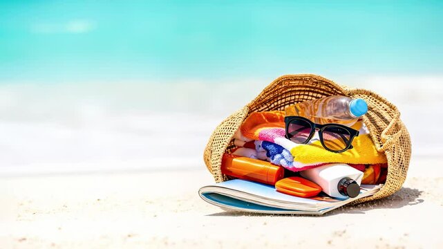Relaxing Beach Day Video: Seamless loop of summer essentials in beach bag on sand, ocean waves background. Tropical vacation 4K footage.