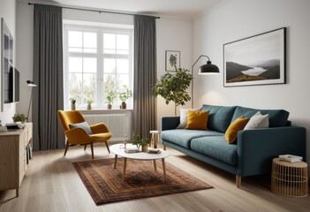 In the living room there is a blue sofa and a yellow chair