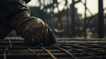 Construction Worker's Hand on Reinforcement Mesh
