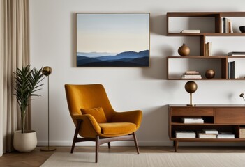 There is a yellow chair with a bookshelf above it in the living room