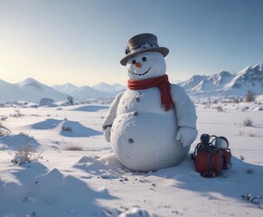 Obraz premium Frosty snowman amidst snowy expanse; abandoned winter gear scattered, sky, blue