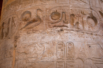 Karnak Temple in Luxor, Egypt. Hieroglyphs and Art on pillars and walls. Temples, pylons, chapels, and other buildings in Karnak Temple Complex 