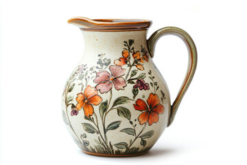 Small pitcher with colorful flowers on table in bright sunlight.