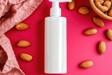 White bottle of lotion surrounded by almonds and a pink cloth on a crimson background.  Aromatic, natural, and moisturizing product, likely almond-based