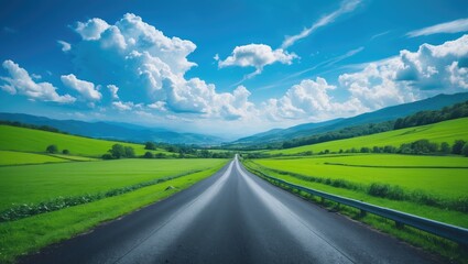 Fototapeta premium Rural street bordered by vibrant meadows and distant mountains beneath a clear blue sky