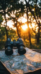 A vintage map and binoculars, bathed in golden sunset light, await the next adventure.