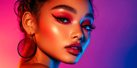 Stylish woman with bold makeup and hoop earring posing in neon light with dramatic eyeliner and glossy lips