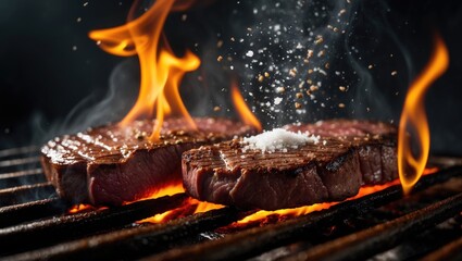 Fototapeta premium Flavorful Beef Steaks Roasting with Flames