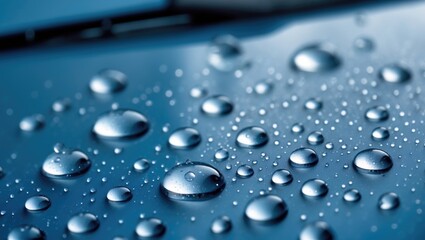 Raindrops and water beading on a glossy car surface with high surface tension