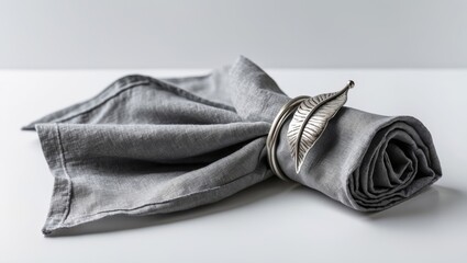 Stylish fabric napkin featuring a ring for table decor isolated on white