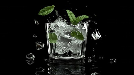 Alcohol mojito cocktail splash with mint and ice on black background. mojito. mojito