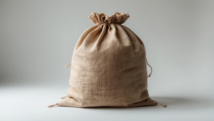 Open burlap sack with no contents on white surface, front perspective
