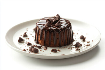 Chocolate cake with rich, decadent chocolate frosting, sitting on a white cake stand.