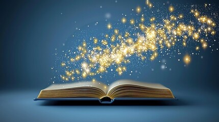 An open book, filled with golden magic, releases glittering enchantment.
