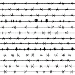Collection of various barbed wire designs displayed in horizontal rows, showcasing different styles and patterns. image highlights intricate details and variations in barbs and wire twists