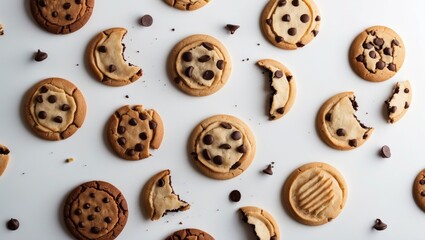 Obraz premium Isolated flying biscuits and cookies with crumbs on white background, clipping path included