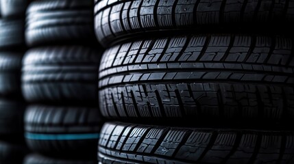 Closeup view of stacked car tires dark background