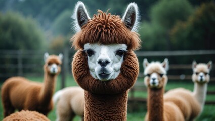Obraz premium Close-up of an adorable brown alpaca with woolly fur gazing at guests against a farm background