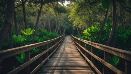 Obraz premium Scenic wooden bridge amidst lush mangrove forest environment