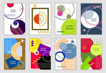 Bright background in Memphis style. Set of geometric cover designs. Fashionable bright cover, banner, poster, booklet. Bright colors. Vector