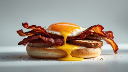 Fried Egg Sandwich with Bacon, Sausage, and Roll for Breakfast