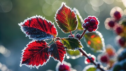Obraz premium Colorful blackberry leaves covered in frost under bright sunlight