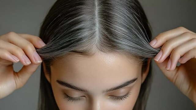 Young woman showing gray hair on her head