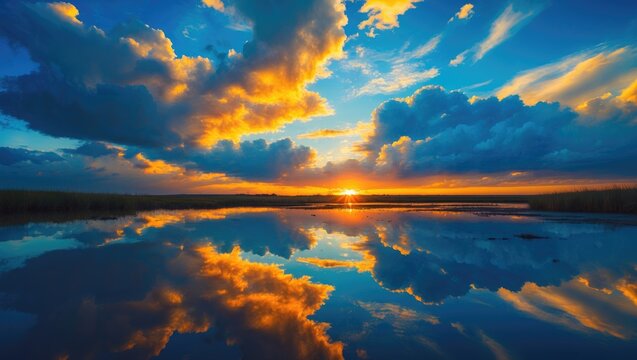 Sunset scene showcasing yellow clouds in a dramatic blue sky