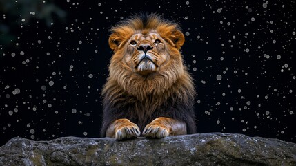 Fototapeta premium Majestic lion gazes upwards in a wintry night