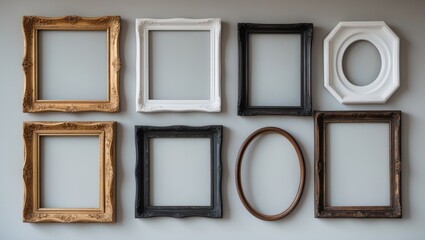 Various antique picture frames displayed on a white wall, isolated and empty.